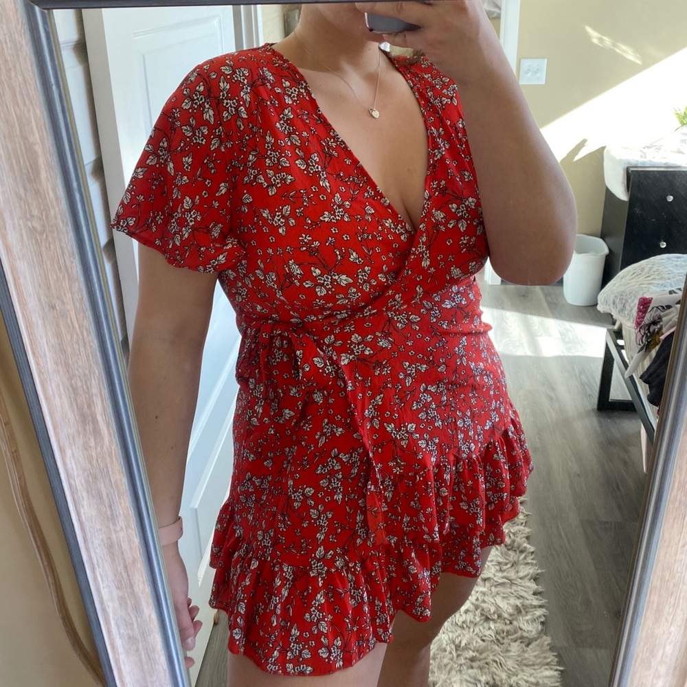 Red floral wrap dress